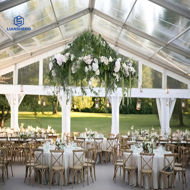  Tenda per matrimoni per feste di lusso all'aperto, pagoda trasparente per magazzini fieristici in vendita, portata 20X30 M per eventi