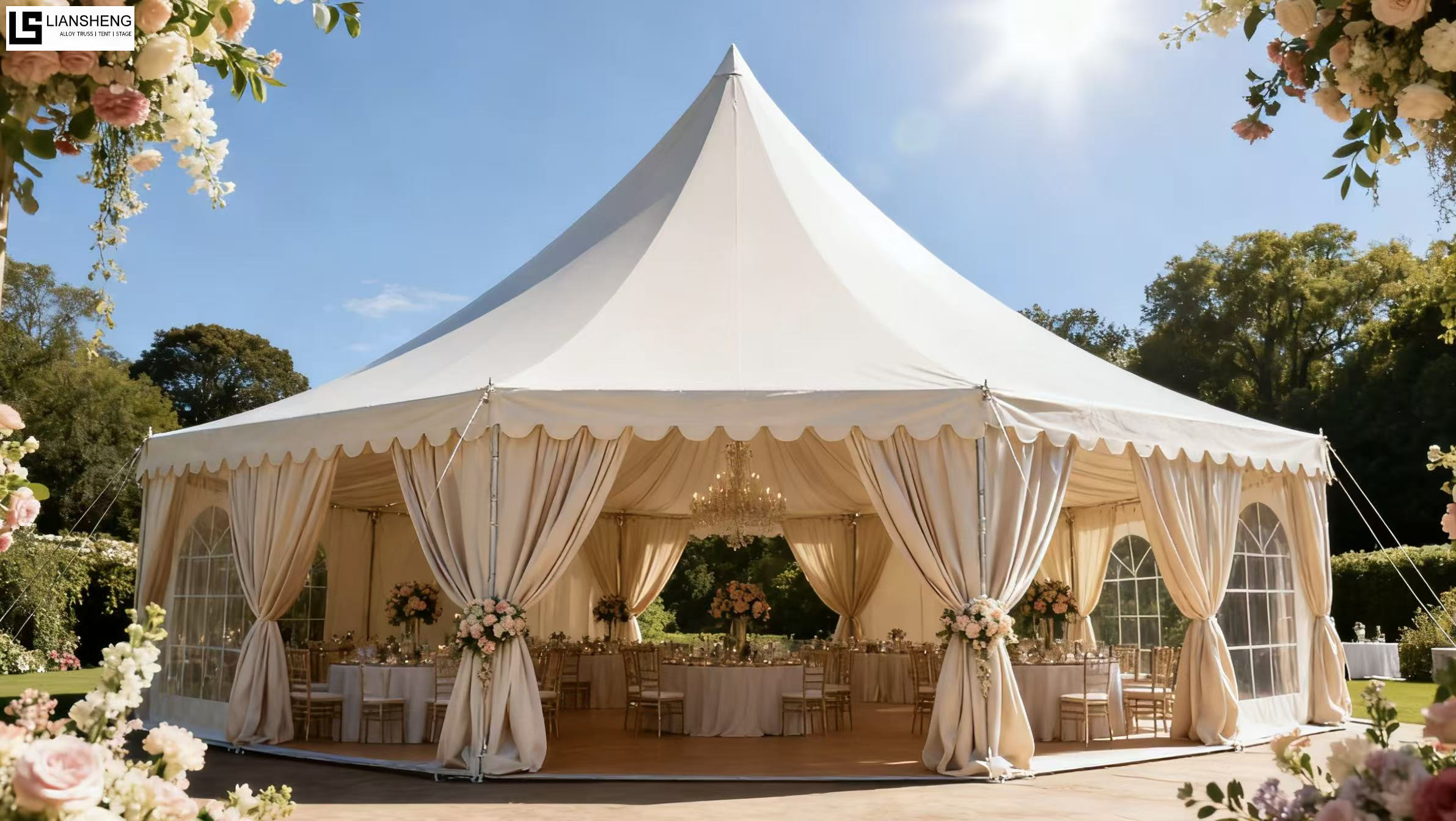 Tenda a pagoda con guglia poligonale per matrimoni all'aperto di nuovo stile con telaio in lega di alluminio Personalizzazione delle dimensioni più vendute disponibile