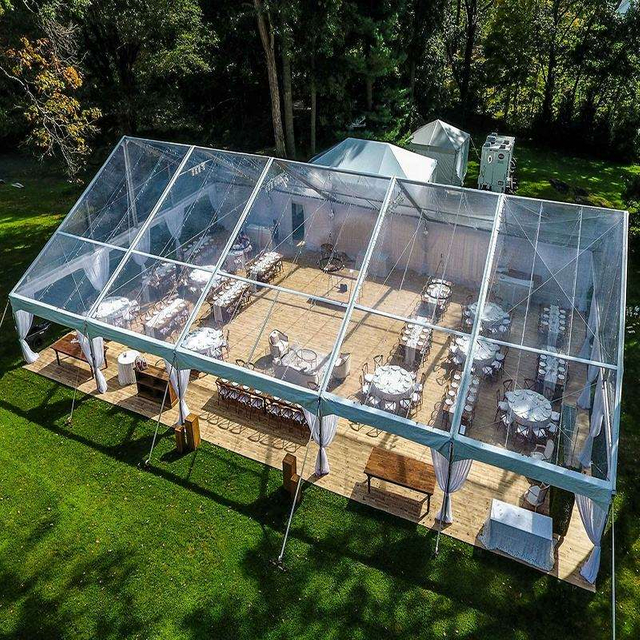 Tenda per matrimoni per eventi in alluminio bianco trasparente personalizzato in PVC Tenda per esterni con struttura nera in alluminio resistente per matrimoni