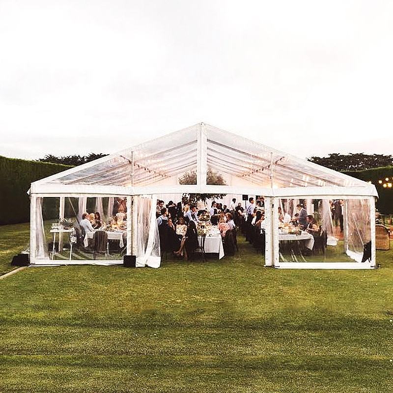 Tenda per matrimoni per eventi in alluminio bianco trasparente personalizzato in PVC Tenda per esterni con struttura nera in alluminio resistente per matrimoni