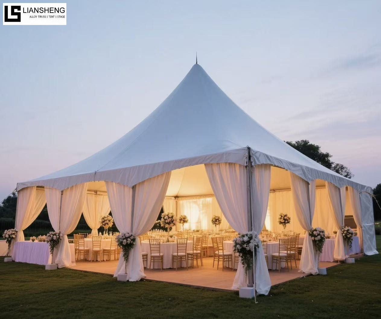 Tenda a pagoda con guglia poligonale per matrimoni all'aperto di nuovo stile con telaio in lega di alluminio Personalizzazione delle dimensioni più vendute disponibile