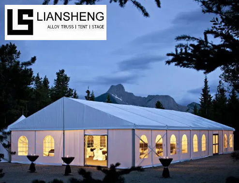 Tenda per festa di nozze, tenda per atrio in lega di alluminio, copertura in PVC trasparente con cornice nera per eventi all'aperto da 100-500 persone